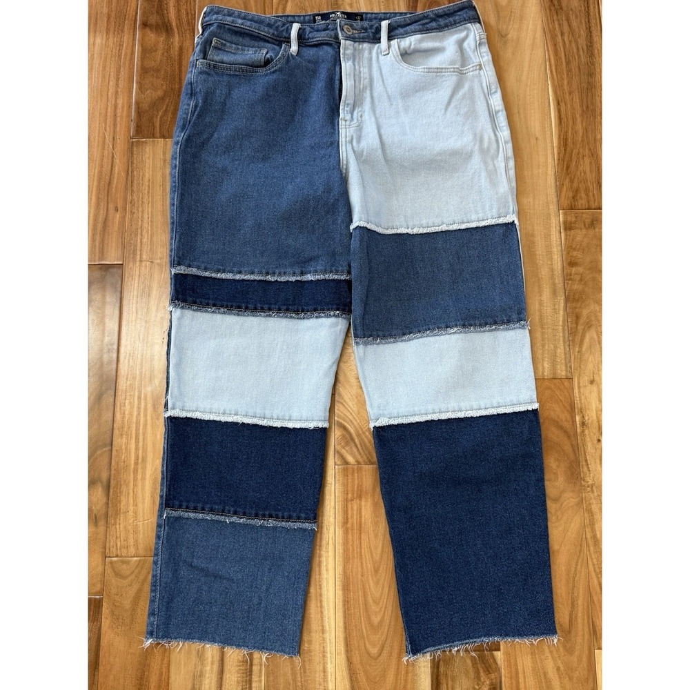 Hollister Jeans Womens 15R Blue Patchwork Color Block Raw Hem‎ Ultra High-rise